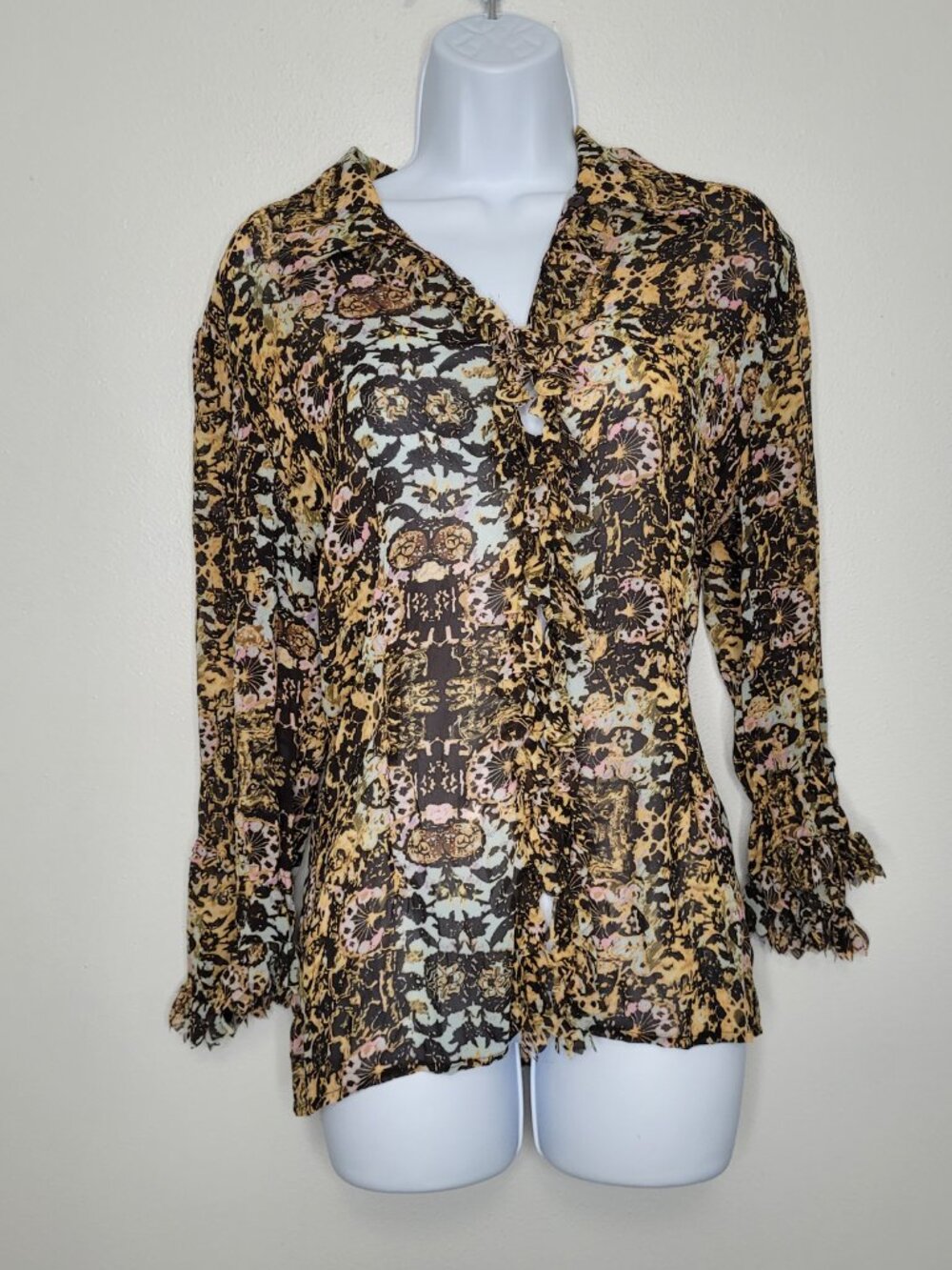 Le Caviar abstract grunge artsy button front fringe maximalist top size large